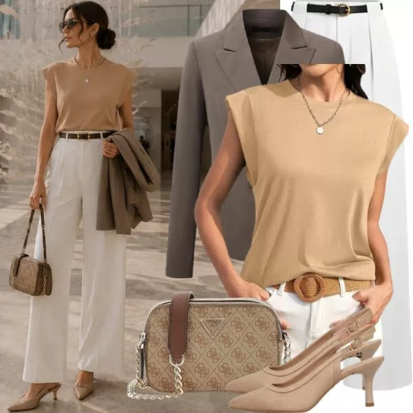 Business Outfits Office Outfit Damen Beige und Weiß