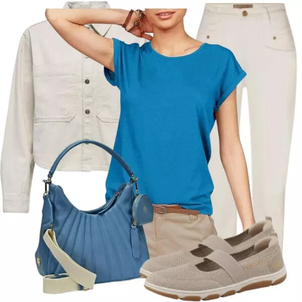 Sommer Outfits Damen Sommerlook in Blau- und Beigetönen