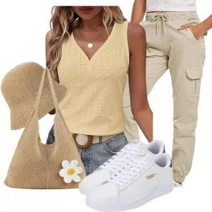 Sommer Outfits Damen Sommerlook mit Naturleinen