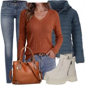 Herbst Outfits Herbst Outfit Damen mit Strickpullover und Jeans