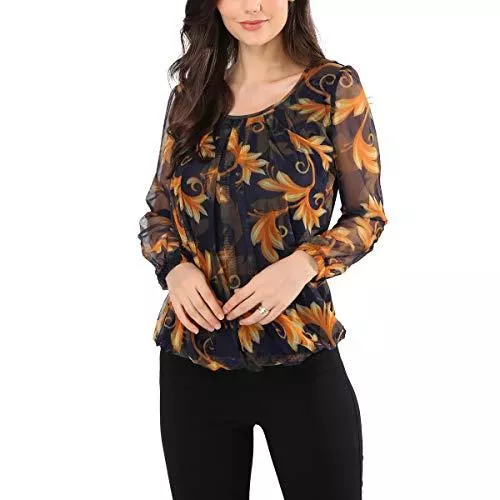 Avtosrno Langarmblusen Damen Langarm Tops Tops Floral Mesh Plissee Rundhals Shirt Stretch Casual Tops