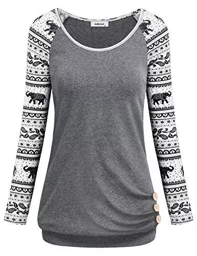 AxByCzD Langarmshirts AxByCzD Damen Lange Raglanärmel Rundhals Elefant Gedruckt Knopf Sweatshirts Tunika Blusen Tops