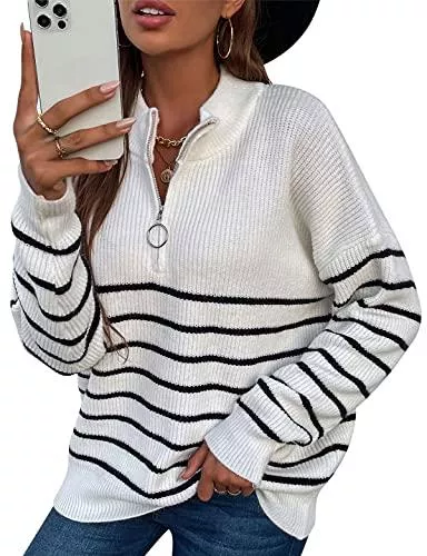 KOOSUFA Strickjacken KOOSUFA Damen Herbst Winter Pullover Sweater Stehkragen Sweatshirt Strickpullover Oberteile Pulli Oversize Warm mit Halbreißverschluss