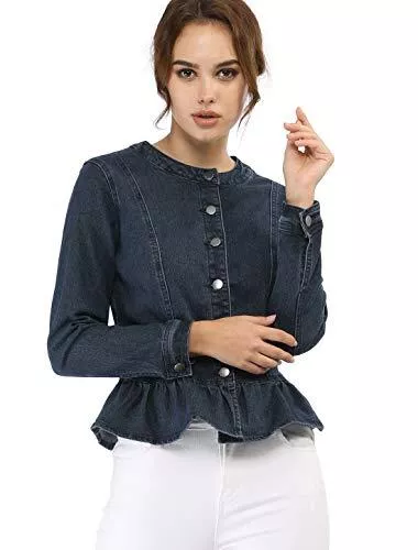 Allegra K Jacken & Westen Allegra K Damen Langarm Stehkragen Volant Peplum Crop Jeansjacke Jacke