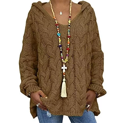 NAY Pullover & Strickmode NAY Nalakey Damenpullover mit Hut V-Ausschnitt Strickpullover Casual Langarmshirt Grobstrick Oversize Pulli Oberteile Damen Pullover Strickpulli Sweater
