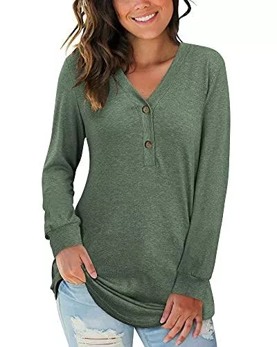 AUSELILY Langarmshirts AUSELILY Damen Pullover Langarm V-Ausschnitt Knopf Oberteile Henley Bluse Kausales Loses T-Shirt