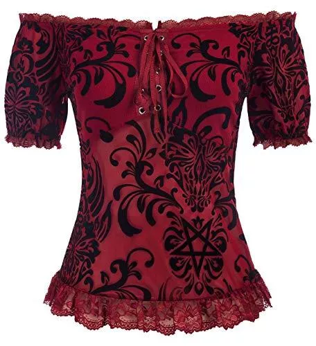 SCARLET DARKNESS Kurzarmblusen SCARLET DARKNESS Damen Tunika Off Shoulder Kurzarm Spitzentop Vintage Festlich