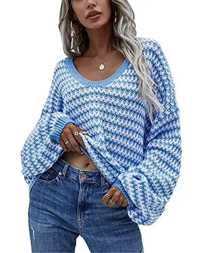 Jiraewh Pullover & Strickmode Damen Strickpullover Rundhals Streifen Pullover Casual Loose Farbblock Schulterfrei Strickpulli Oversize Sweatshirt Outwear