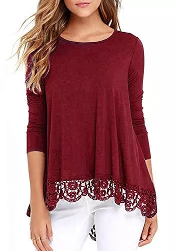 Odosalii Langarmblusen Odosalii Damen Langarm Bluse Elegant Pullover Winter Rundhals Spitze Tunika Top Sexy Lang Oberteil