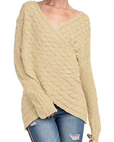 YOINS Pullover & Strickmode YOINS Damen Pullover Oberteile Strickpullover für Damen Herbst Winter Langarm V-Ausschnitt Batwing Cross Front