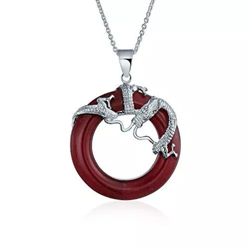 Bling Jewelry Schmuck Asiatischer Stil Offene Runde Kreis Scheibe Rot Grün Gefärbt Jade Drachen Anhänger Halskette Für Frauen 925 Sterling Silber 18 Zoll