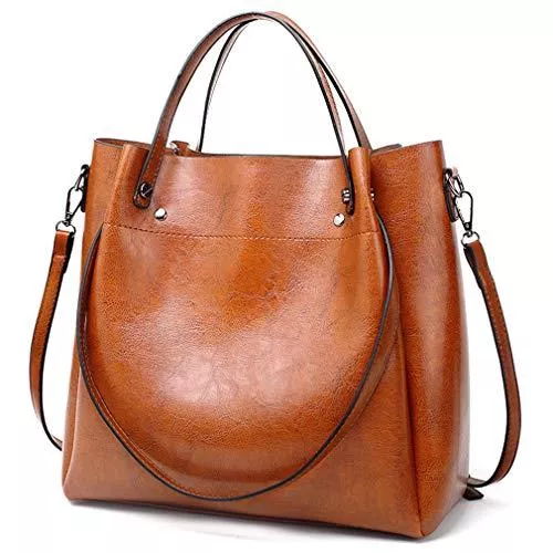 Pahajim Taschen & Rucksäcke Pahajim Damen Ölwachs Leder Tasche Luxus Schulter Einkaufstasche Einfache Diagonal-Tasche PU Lederhandtaschen Ölwachs-Einkaufstasche Grosse Kapazität Beuteltasche(Brown)