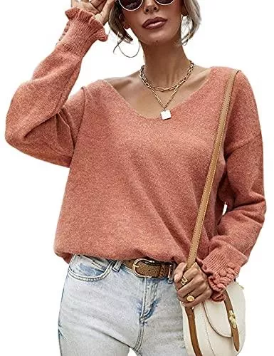 HESUUIO Pullover & Strickmode HESUUIO Strickpullover Damen Oversize Pullover Damen Schulterfrei Oberteil Damen V Ausschnitt Langarm Tunika Lockere Strickpulli Casual Oberteile Tops