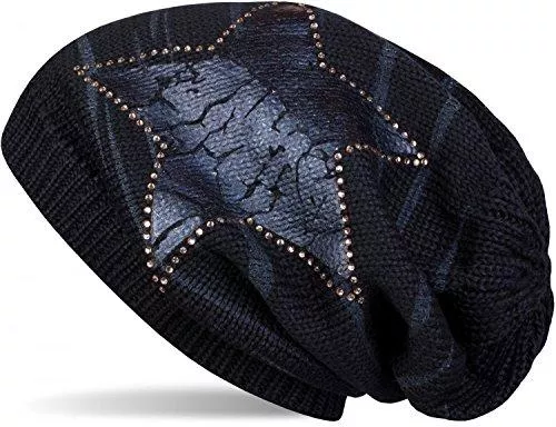 styleBREAKER Hüte & Mützen styleBREAKER Strick Beanie Mütze mit Vintage Stern Print und Strass Rand, Strickmütze mit Streifen Muster, Unisex 04024083