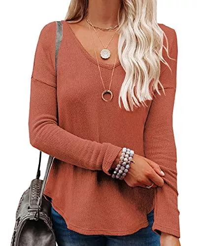 NONSAR Pullover & Strickmode NONSAR Damen Waffel Strickpullover V-Ausschnitt Einfarbige Langarmshirt Lockere Pullover Oberteile Tops