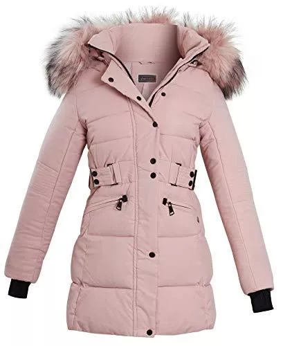 shelikes Mäntel shelikes Damen Wintermantel, Kunstfell, mit Kapuze, mit Gürtel, gesteppt, lang, warm, Parka mit abnehmbarer Kapuze
