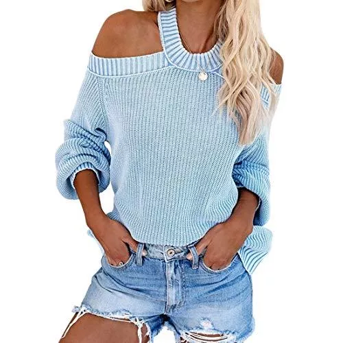 Loozykit Pullover & Strickmode Loozykit Pullover Damen Langarm Sexy Schulterfrei Strickpullover Elegant Einfarbig Grobstrickpullover Sweatshirt Langarmshirt Herbst Winter Strickpulli Casual Lose Jumper Tops