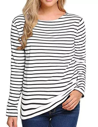 LilyCoco Langarmblusen Damen Langarm Streifen T-Shirt Tee Shirt Tops Slim Fit Blusen