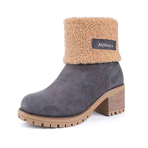 Hitmars Stiefel Winterstiefel Damen Kurzschaft Stiefel Mit Absatz 6CM Stiefeletten Warme Gefüttert Schlüpfen Winterboots Frauen Boots Wildleder Elegant Schwarz Braun Gelb Rot EU 35-43