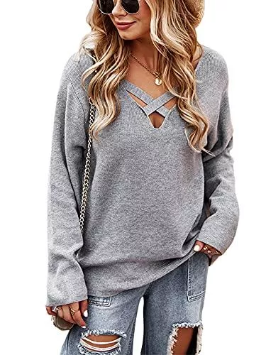 Tonxda Pullover & Strickmode Tonxda Damen Pullover Elegant Strickpullover Kreuz-V-Ausschnitt Pullover Mode Einfarbig Sweater Casual Langarm Oberteile Pulli
