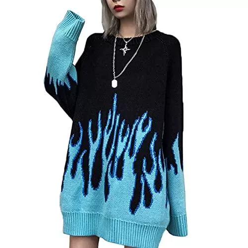 YEMOCILE Pullover & Strickmode YEMOCILE Frauen Strickjacke Lange Hülsen Flammen Hieb Hülsen Übergroße Beiläufige Strickende Pullover Oberseiten