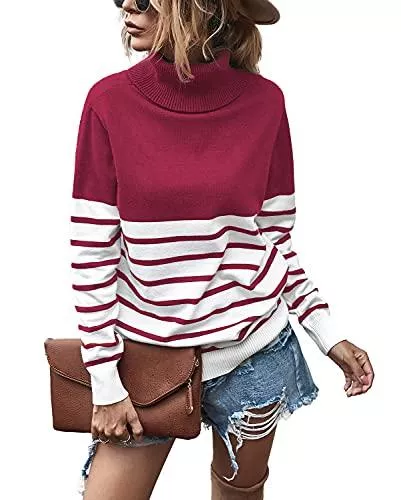 Krisimil Pullover & Strickmode Krisimil Damen Casual Rollkragen Langarm Loser Patchwork Pullover Strick Pullover