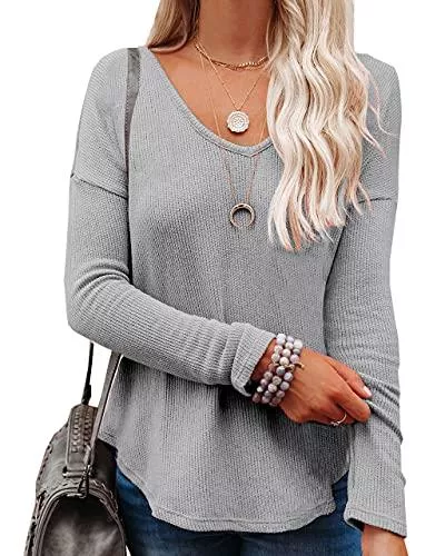 NONSAR Pullover & Strickmode NONSAR Damen Waffel Strickpullover V-Ausschnitt Einfarbige Langarmshirt Lockere Pullover Oberteile Tops