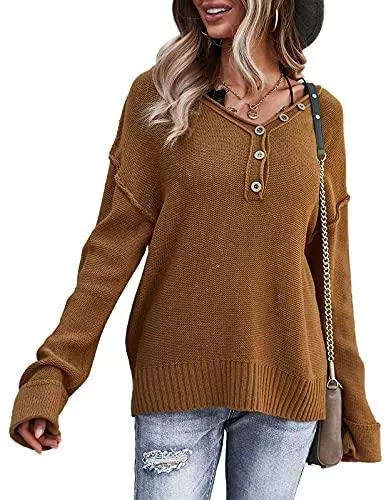 Vinlari Langarmblusen Sweater Damen Einfarbig Strickpullover Langarm Oberteil V-Ausschnitt Bluse Knopfleiste Sweatshirt Stricken Tops Lose Shirt Elegante Tunika