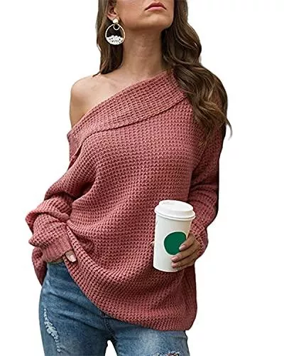 datasy Pullover & Strickmode datasy Oversize Pullover Damen Lang Strickpullover Schulterfrei Sexy Oberteil für Damen Weihnachtspullover Winter Herbst Pulli