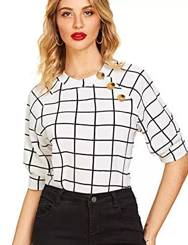 ROMWE Kurzarmblusen Romwe Damen Puffärmel Casual Solid Top Knöpfe Seite Bluse Hemd