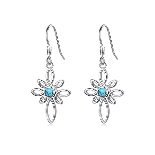 MEDWISE Schmuck Damen Kreuz Ohrringe, 925 Sterling Silber Keltischer Knoten Kreuz Tropfen Ohrringe mit Türkis Irische Ohrhänger Schmuck Geschenke für Frauen Mädchen