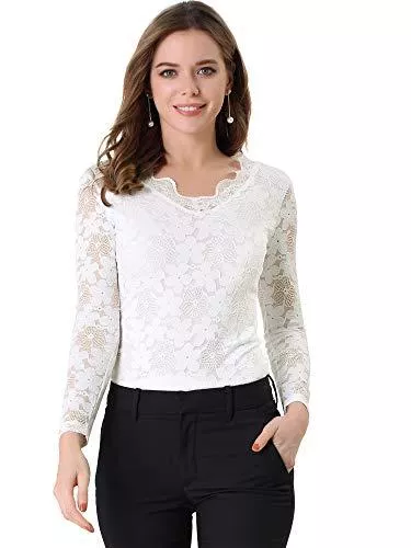 Allegra K Langarmblusen Allegra K Damen Langarm V-Ausschnitt Scallop Spitze Blumen Top Bluse