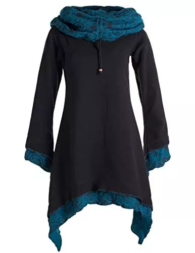 Vishes Freizeit Vishes - Alternative Bekleidung - Lagenlook Zipfelkleid aus Eco Fleece mit Langen Ärmeln und großem Kapuzenschalkragen