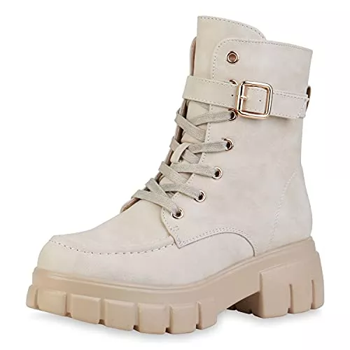 VAN HILL Stiefel VAN HILL Damen Stiefeletten Plateau Boots Leicht Gefüttert mit Blockabsatz Profilsohle Schnallen
