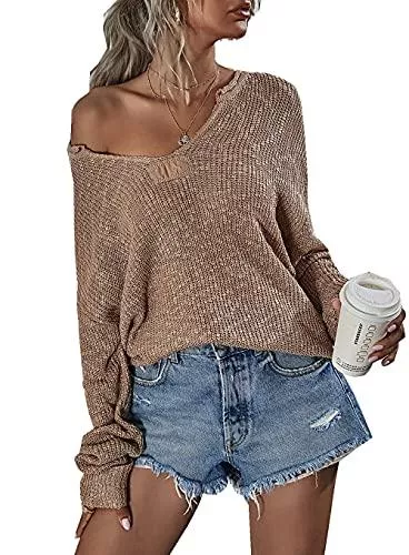ZIYYOOHY Pullover & Strickmode ZIYYOOHY Damen Strickpullover V Ausschnitt Langarmshirts Pullover Sweatshirt Schulterfrei Lose Casual Oberteil Tops Sweater Pulli
