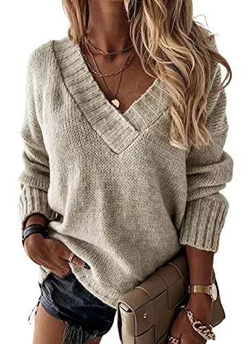 BLENCOT Pullover & Strickmode BLENCOT Damen Pullover Einfarbig Strickpullover Casual Sweatshirts Langarm Tunika Winter Sweater Sexy V-Ausschnitt Sweatshirt Lose Top Warm Strickwaren S-XXL