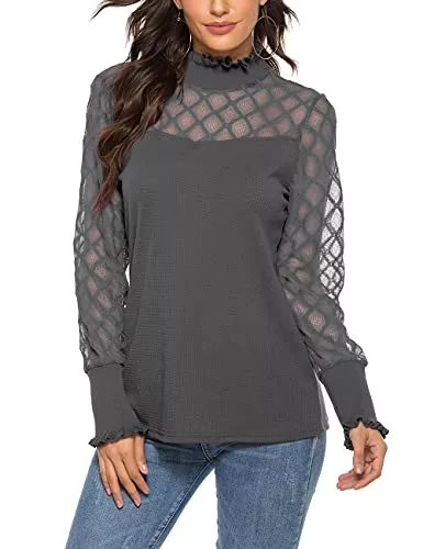 iWoo Langarmblusen iWoo Spitze Bluse Damen Elegant Rundkragen Halbhoher Kragen Oberteile Damen Einfarbig Freizeit Lose Mesh Lace Langarmshirt