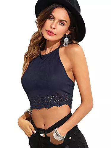 ROMWE Tops Romwe Damen Sommer Solid Neckholder Scallop Hollow Camis Crop Top Weste