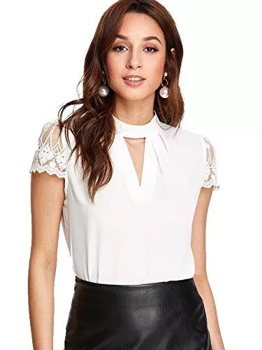 ROMWE Blusen & Tuniken Romwe Damen Elegant Spitze Kurzarm Sexy Schlüsselloch Bluse Shirt
