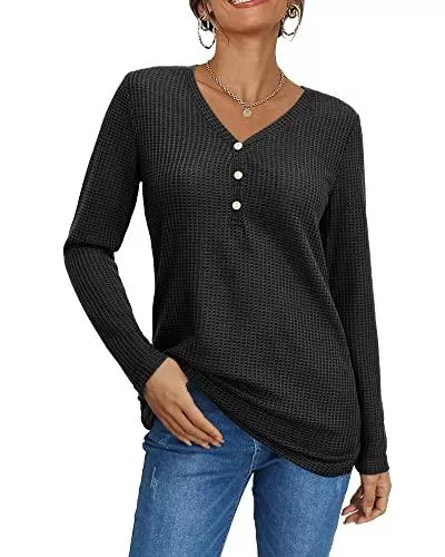 OUGES Langarmblusen OUGES Damen Waffelstrick Langarmshirt V-Ausschnitt Tunika Pullover Knopfleiste Langarm Henley Shirt Bluse Oberteile Herbst