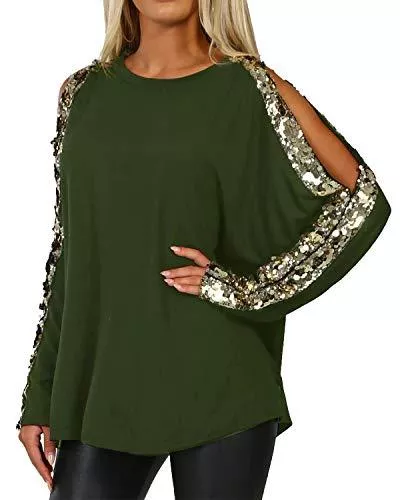 YOINS Langarmblusen YOINS Sexy Schulterfrei Oberteil Damen Elegant Glitzer Oberteile für Damen Pulli Bluse Bling Rundhals Langarmshirt