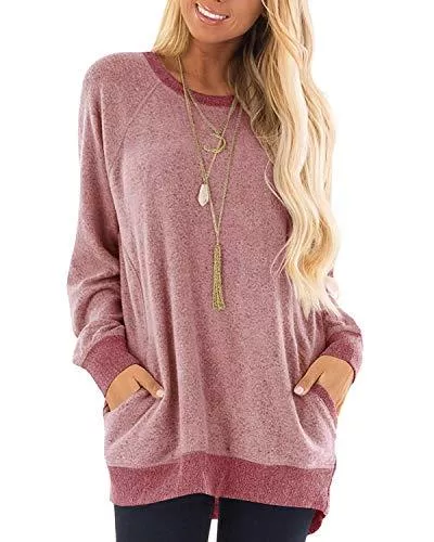 AUSELILY Langarmshirts AUSELILY Damen Langarmshirts Rundhals T Shirts Blusen Tunika Sweatshirt Pullover Mit Taschen