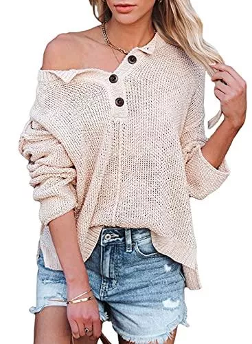 Maavoki Pullover & Strickmode Maavoki Damen Pullover Langarm Tops Strickpullover mit V-Ausschnitt und Knöpfen