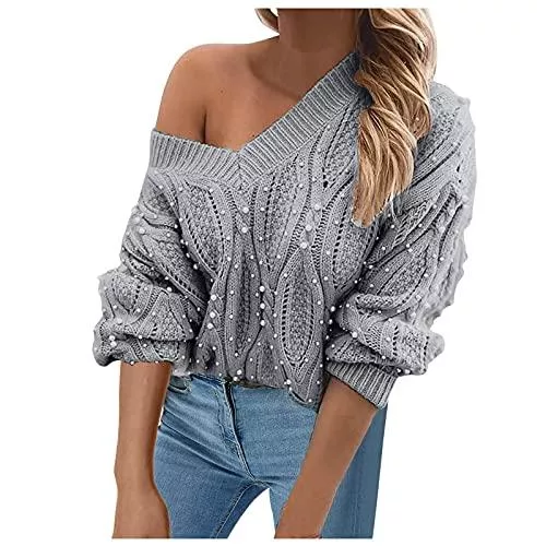 FNKDOR Pullover & Strickmode FNKDOR Perlen V-Ausschnitt Strickpullover Damen Grobstrick Pullis Schlichtes Pullover mit Zopfmuster