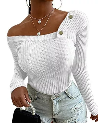 Maxwinee Pullover & Strickmode Maxwinee Pullover Damen Schulterfrei Sexy Slim Fit Dünn Strickpullover One Shoulder Pulli Langarmshirt Oberteile Herbst Einfarbig