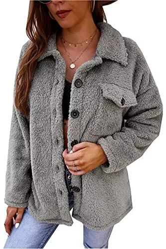 Jiraewh Mäntel Jiraewh Damen Mantel Plüschjacke Teddy-Fleece Casual Kariert Wintermantel Revers Lange Ärmel Einfarbig Outwear mit ​Taschen Winterjacke