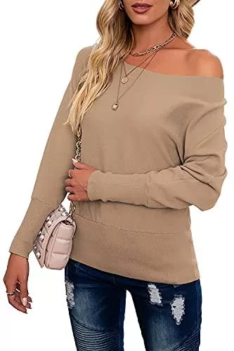 Nilimoph Pullover & Strickmode Pullover Damen Winter Strickpullover Schulterfrei Grobstrick Casual Wrap Pullis Loose Langarmshirt Oberteile Gestrickt