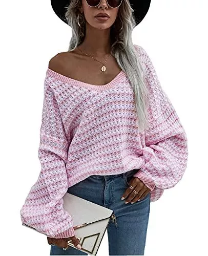 Jiraewh Pullover & Strickmode Damen Strickpullover Rundhals Streifen Pullover Casual Loose Farbblock Schulterfrei Strickpulli Oversize Sweatshirt Outwear