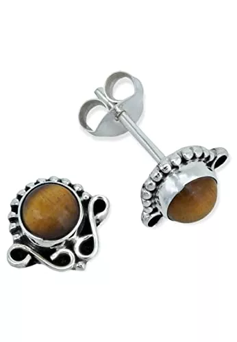 mantraroma Schmuck Ohrstecker Ohrringe Silber 925 Sterlingsilber Tigerauge braun Stein (Nr: MOS 089-18)