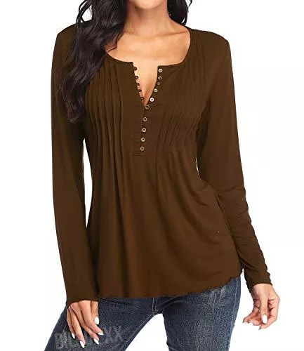 Dilgul Langarmblusen Damen Bluse T-Shirt Knopfleiste Oberteile Flügelärmel, 3/4 Hülse, Lange Ärmel Tops Plissee Brust Vorne Tunika